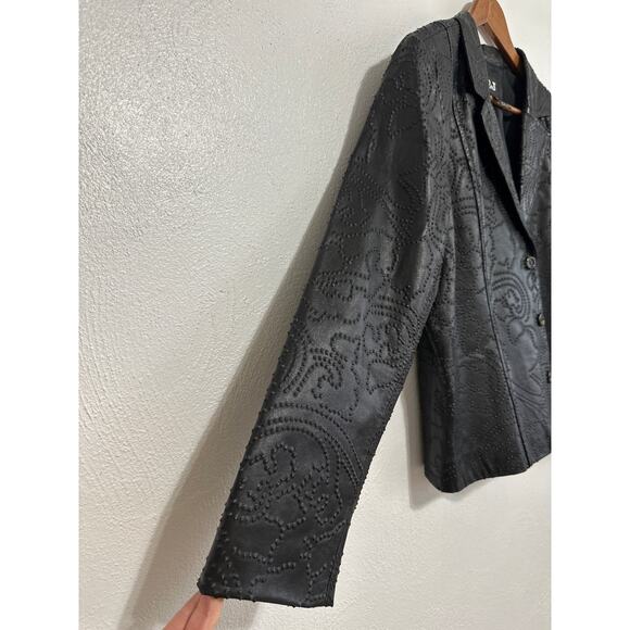 VTG 90s Y2K B&J Genuine Leather Blazer M Black 3D Embossed Boho Hippie - Picture 4 of 14